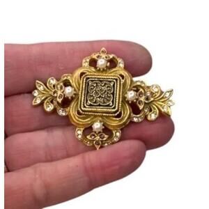 Vintage Gold Tone Faux Pearl Ornate Brooch Filigree Statement Victorian Revival